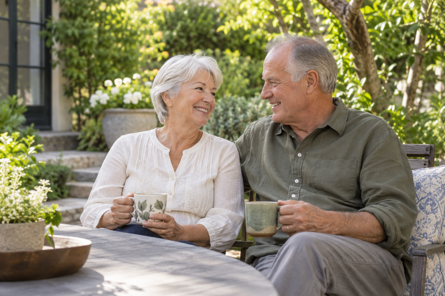 An older couple smiling together over coffee on a leafy garden patio.